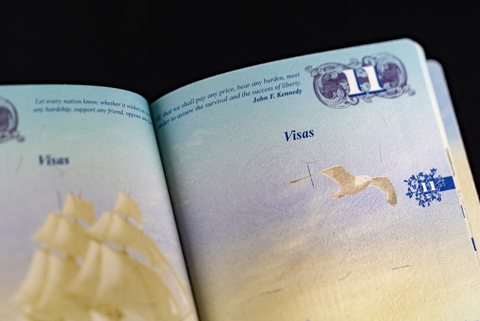 Open US passport showing the blank Visas pages