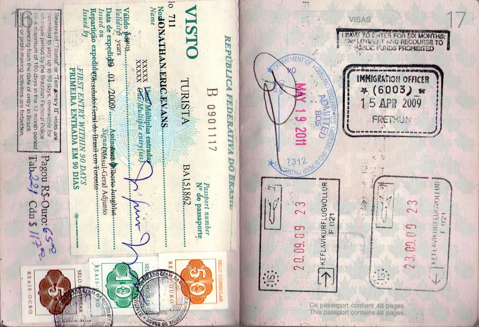 Passport pages with entry and visa stamps from several countries