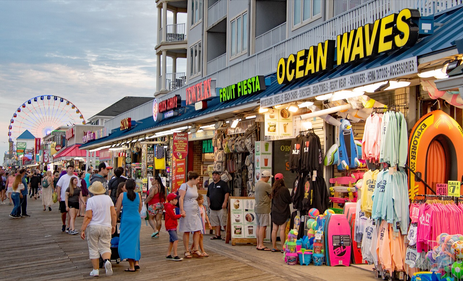 The boardwalk and beach in Ocean City, Maryland