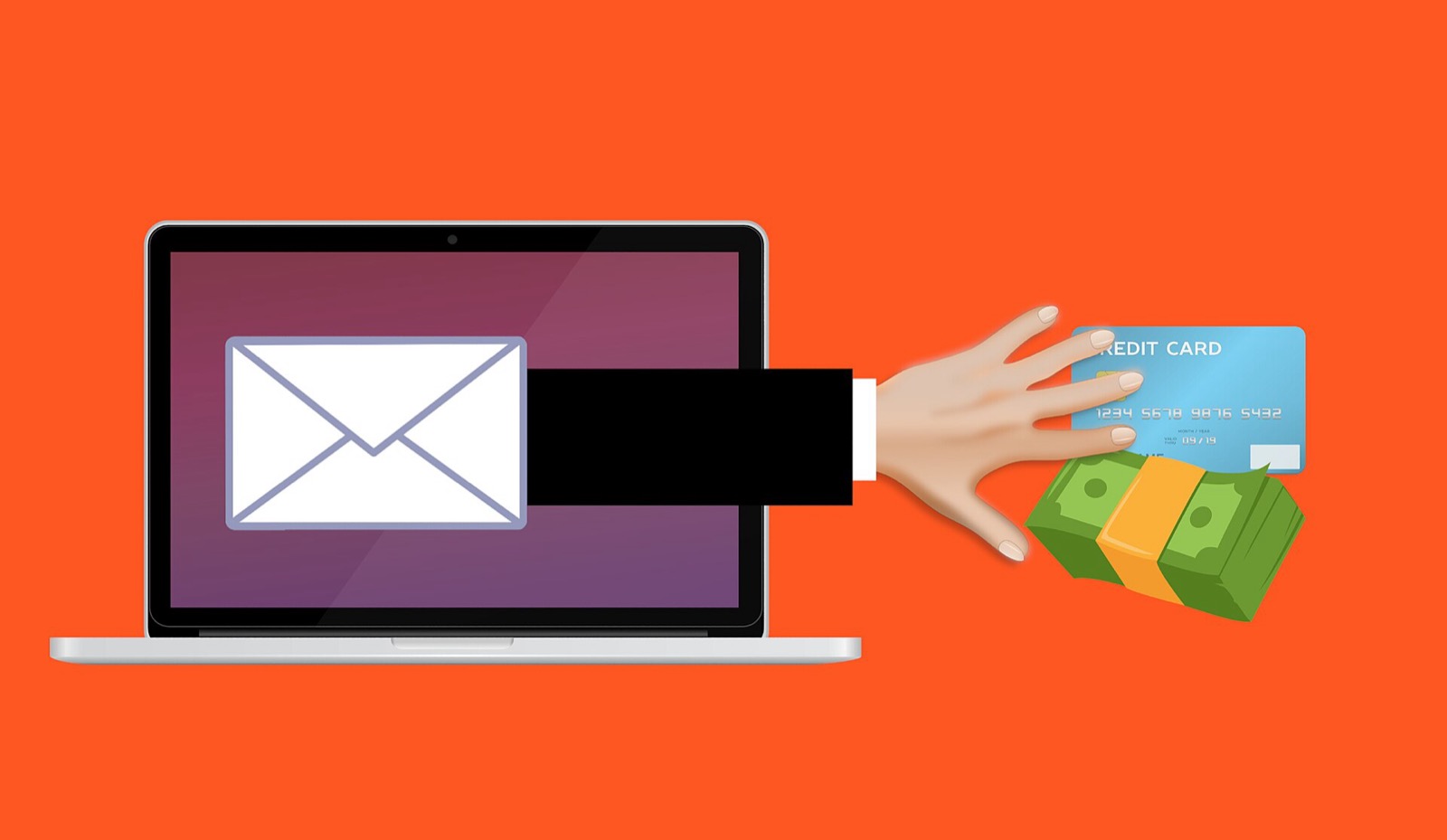Illustration of a laptop with email and fraud warning icons