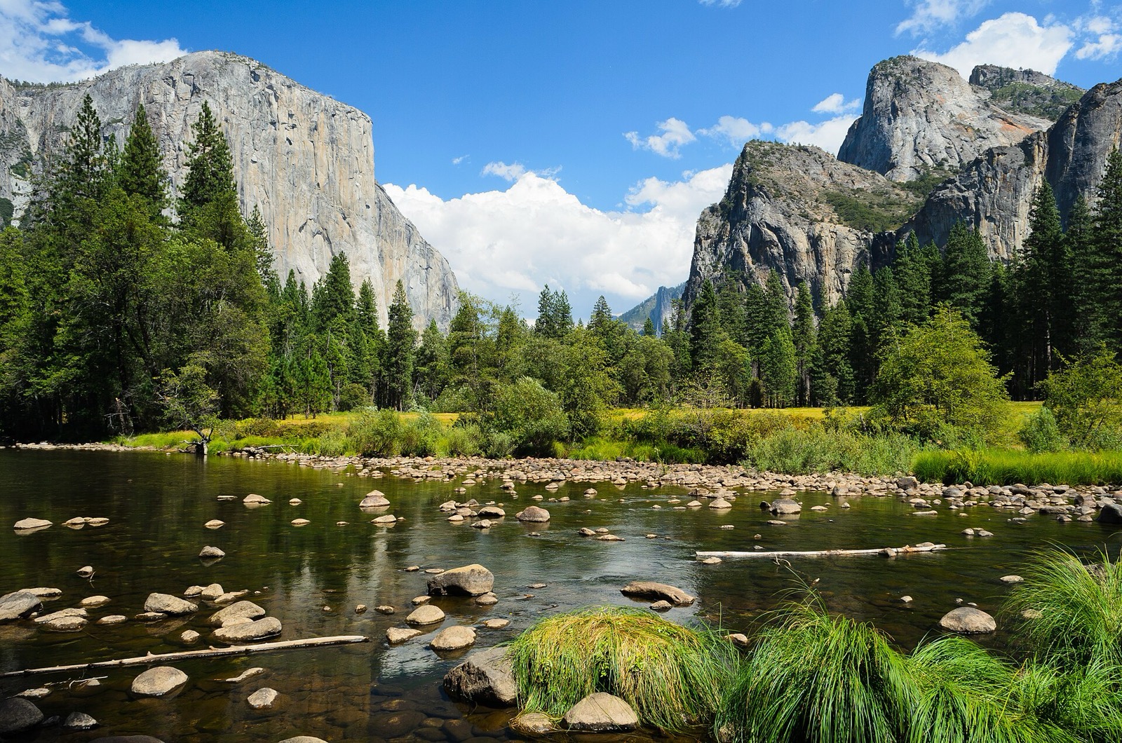 View across Yosemite Valley with granite cliffs and forest